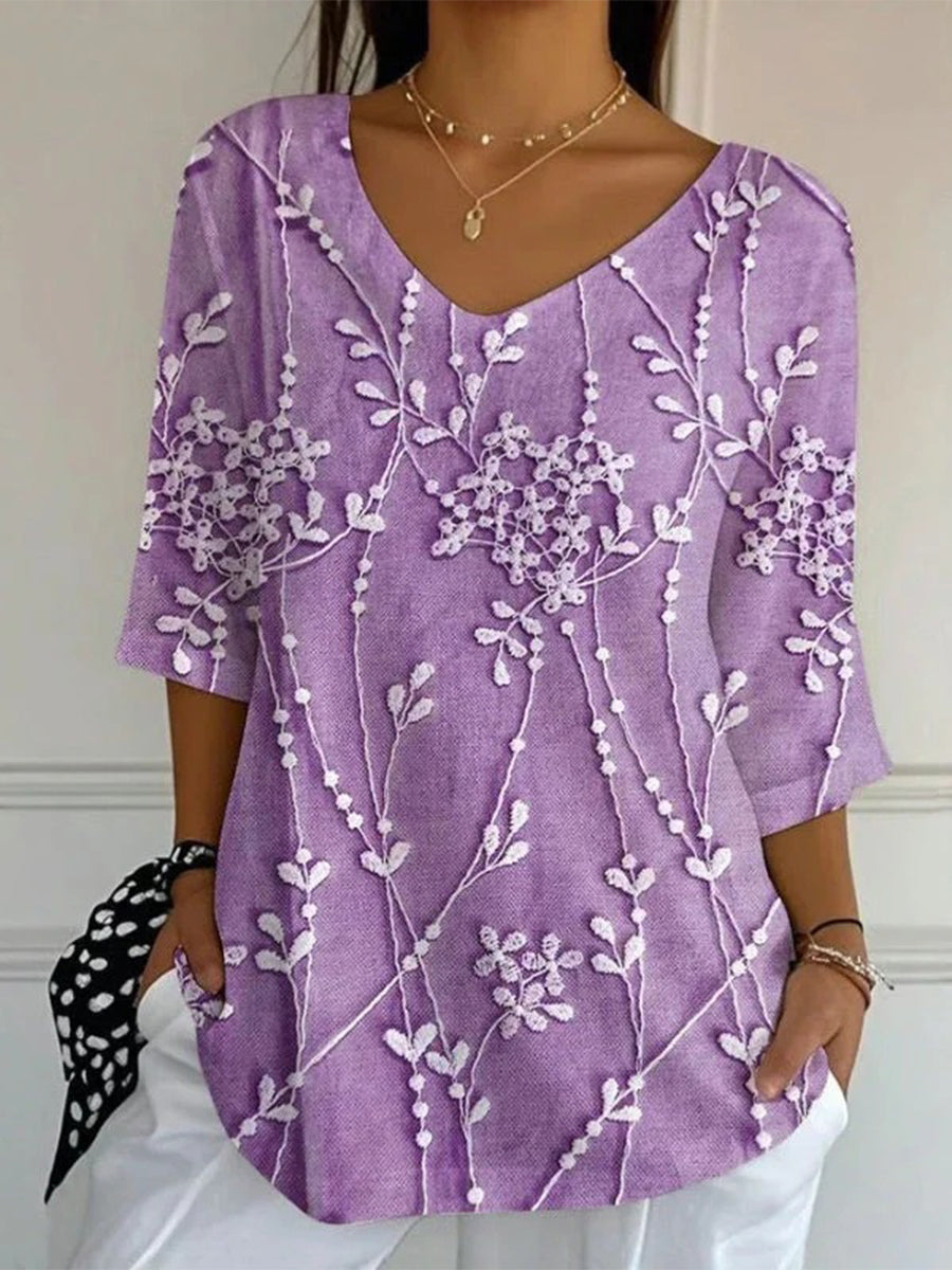 Casual Leaf Print V-neck 3/4 Sleeve Blouse