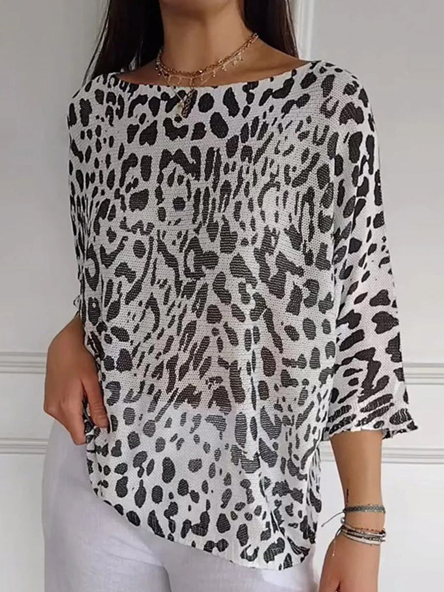 Unique Leopard Print Boat Neck 3/4 Sleeve Top