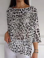 Unique Leopard Print Boat Neck 3/4 Sleeve Top