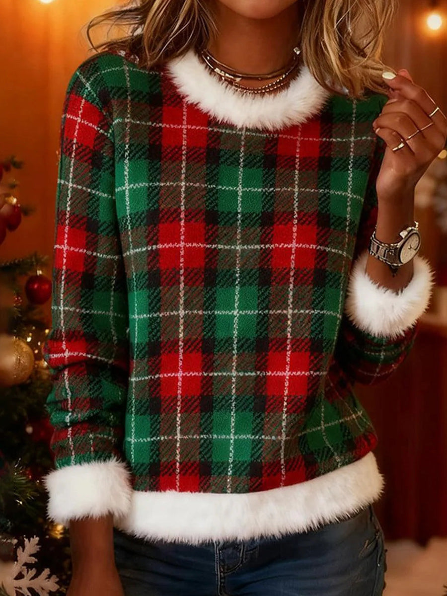 Round Neck Long Sleeve Check Christmas Top with Faux Fur Trim