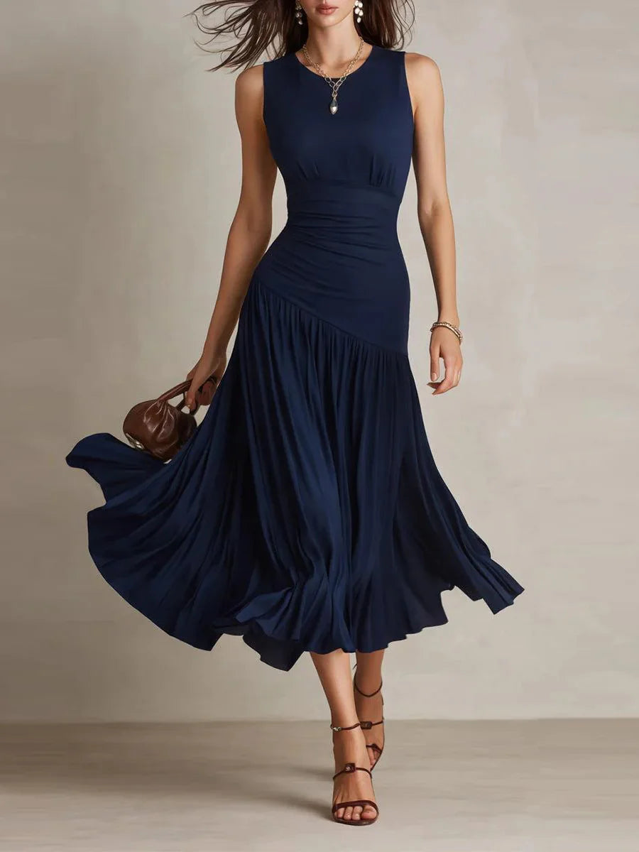 Navy Round Neck Sleeveless Plain Midi Dress