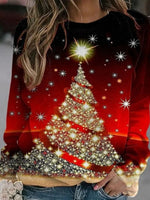 Red Casual Graphic Tops Round Neck Christmas Tree Printed Long Sleeve Xmas Sweatshirts