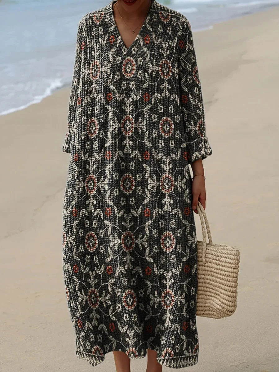 Vintage Floral Print Casual V-neck Long Sleeve Dress