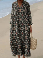 Vintage Floral Print Casual V-neck Long Sleeve Dress