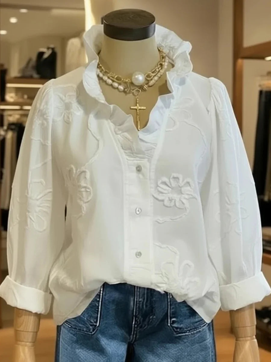 Casual Romantic Ruffled Collar Long Sleeve Shirt
