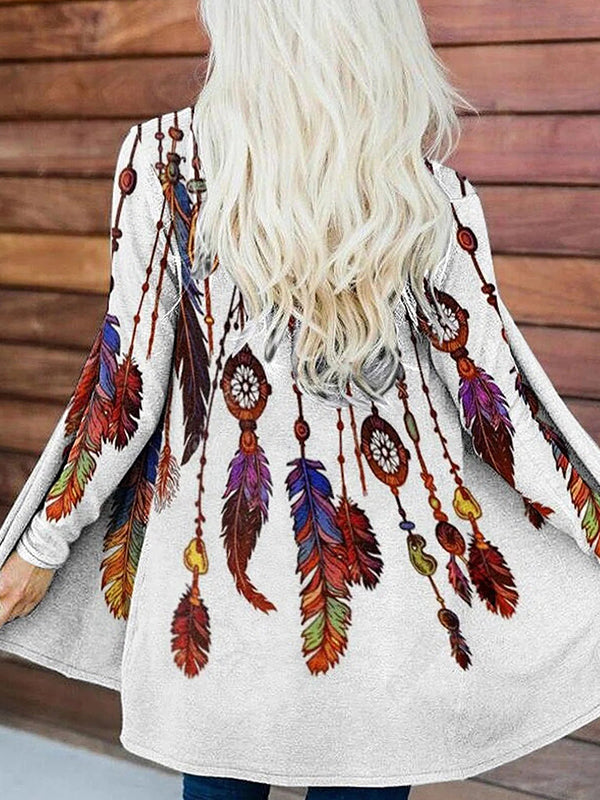 Light Gray Casual Long Sleeve Feather Printed Cardigan