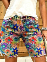 Ethnic Style Colorful Floral Gradient Print Women's Casual Denim Shorts