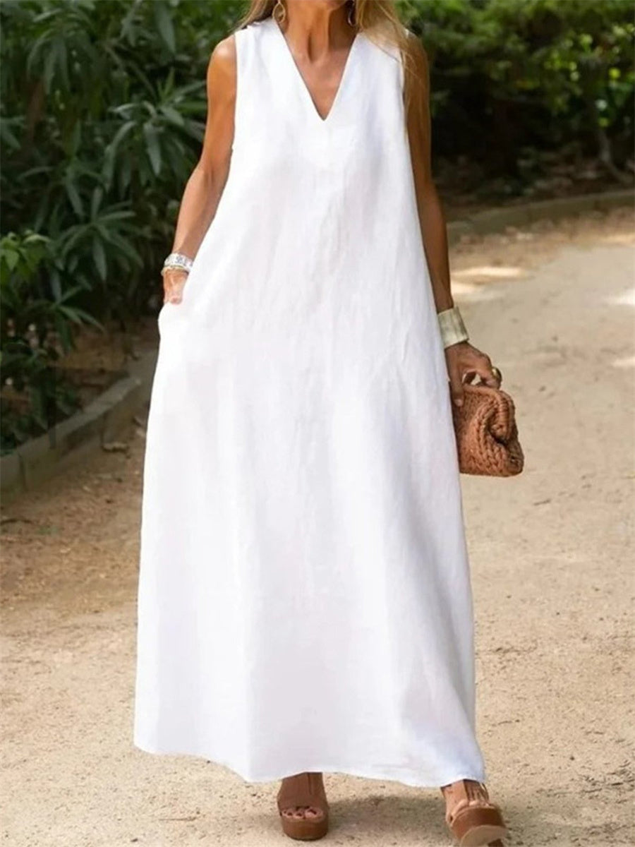 Plain V Neck Sleeveless Loose Casual White Dress