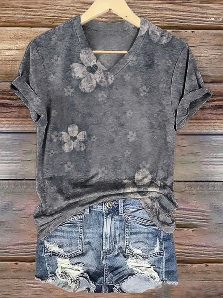 Vintage Floral Print V-neck Short Sleeve T-Shirt