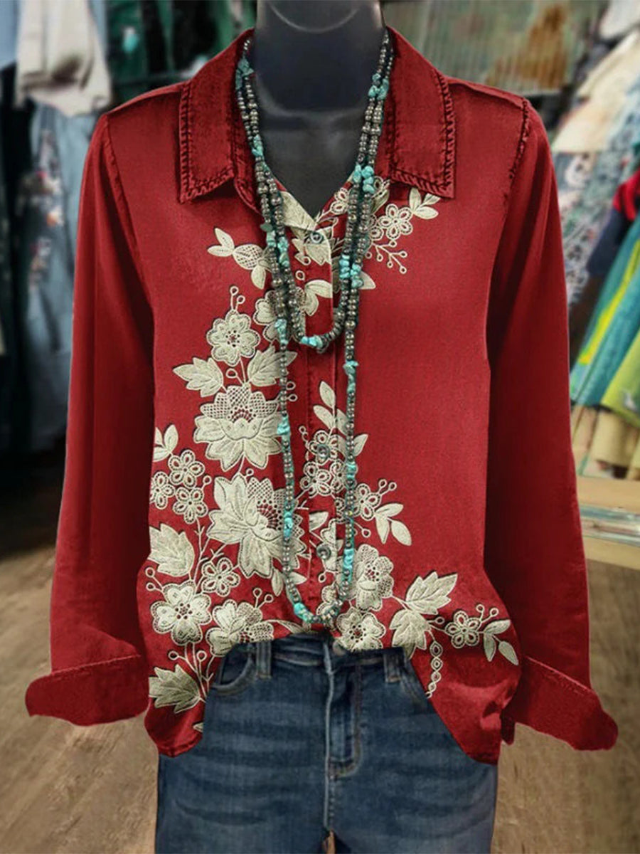 Vintage Floral Print Long Sleeve Blouse