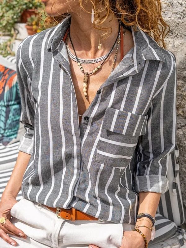Gray Casual Stand Collar Stripe Long Sleeve Blouse