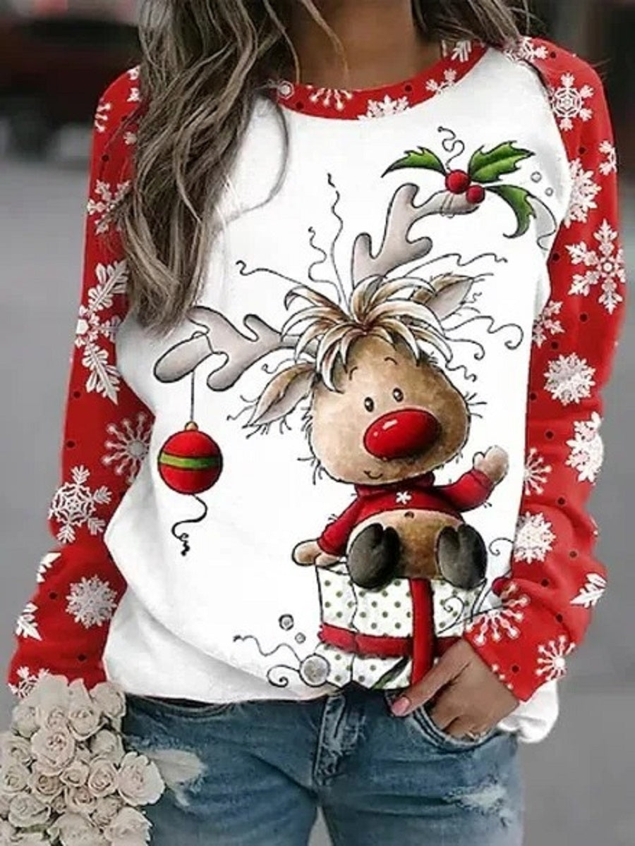 Multicolor Casual Round Neck Snowflake Printed Long Sleeve Sweatshirts