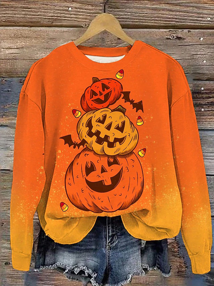 Orange Halloween Pumpkin Print Crew Neck Sweatshirt