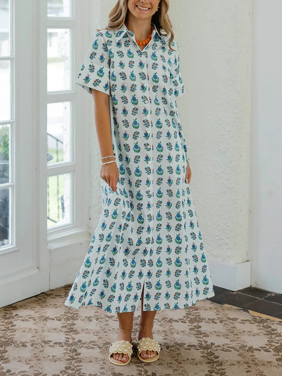 White Ditsy Floral Collared Short Sleeve Split Front Midi Shirt Dress