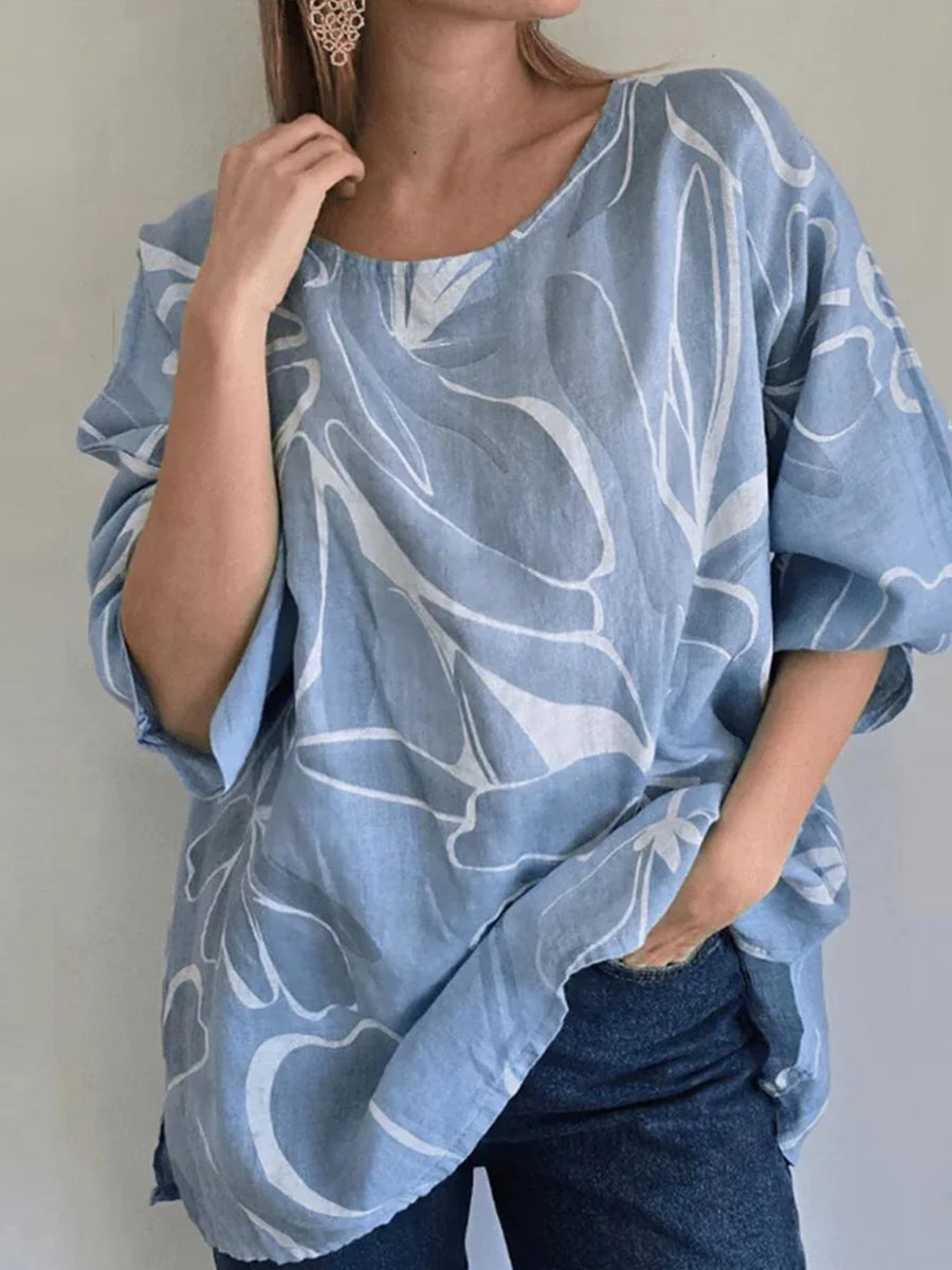 Blue Long Sleeve Floral Print Round Neck Top