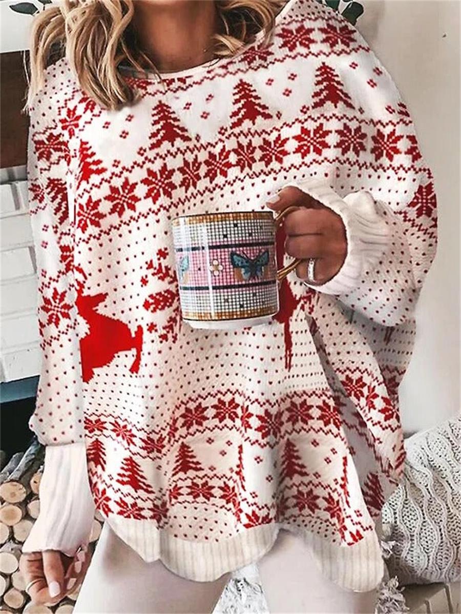 Casual Graphic Tops Round Neck Elk Printed Long Sleeve Xmas Sweatshirt