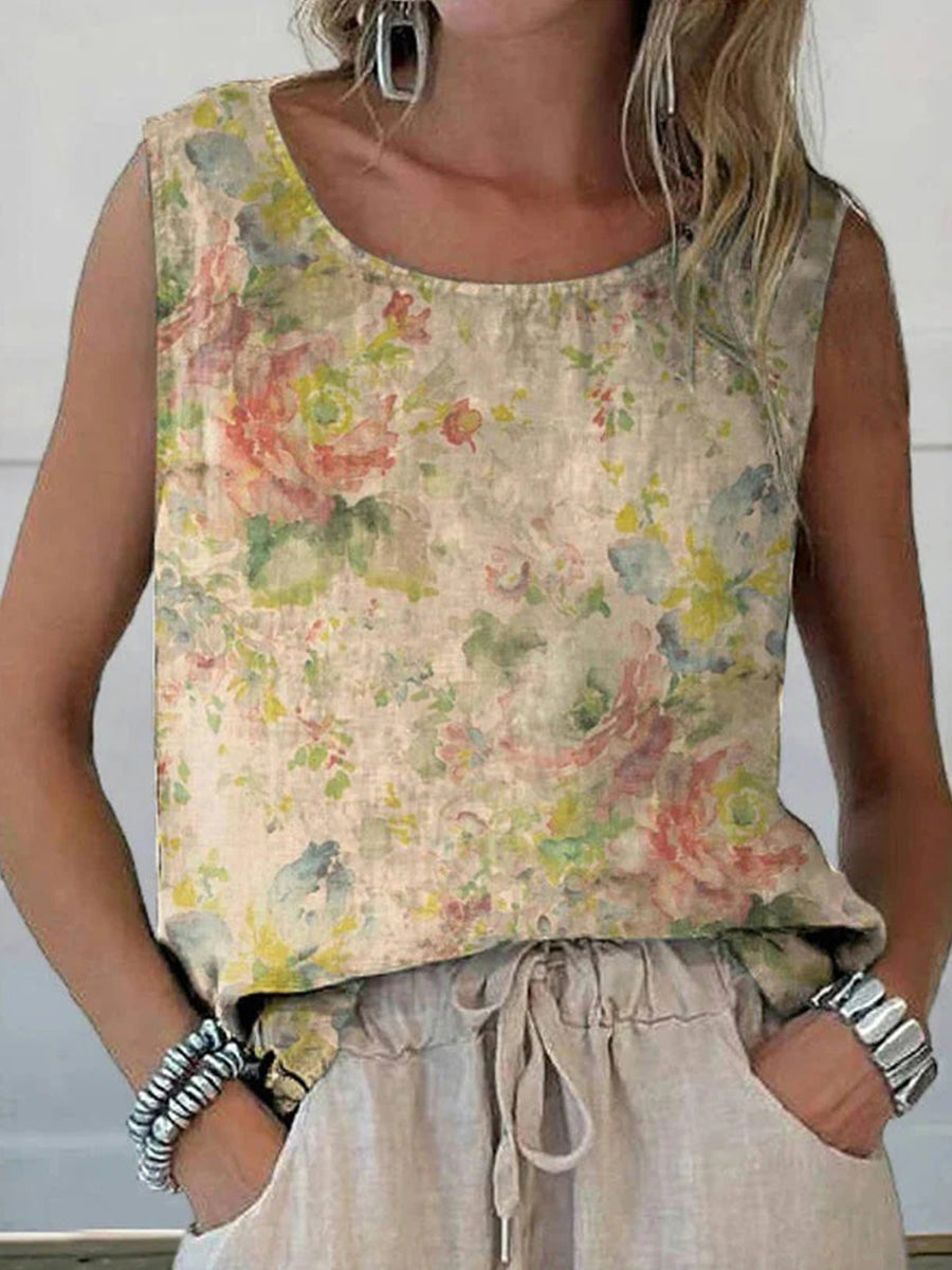Vintage Floral Print Round Neck Sleeveless Tank Top