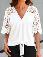 White Casual V Neck Lace Half Sleeve Blouse
