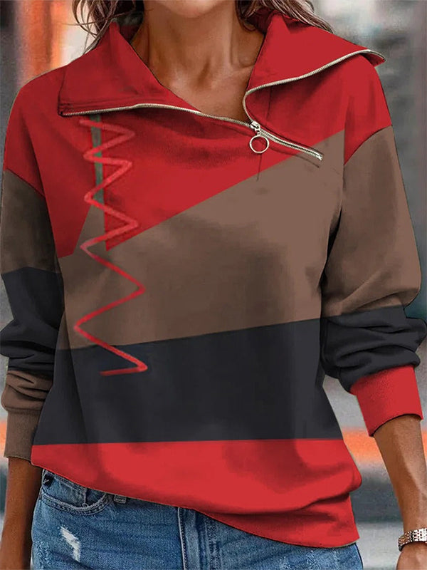 Red Casual Graphic Tops Lapel Long Sleeve Patchwork Printed Sweatshirts