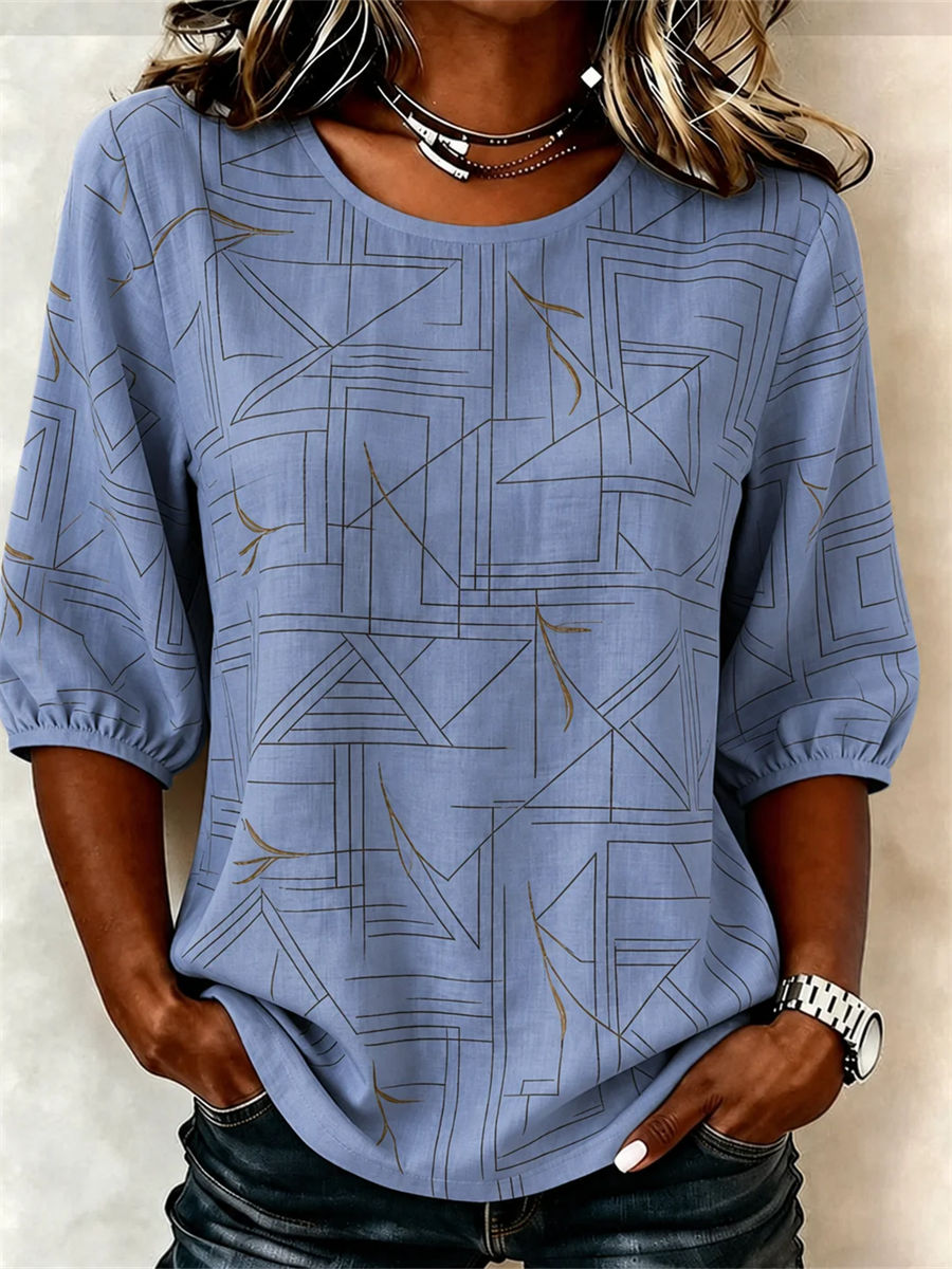 Crew Neck 3/4 Sleeve Abstract Graphic Printing Regular Micro-Elasticity Loose Blouse For Women