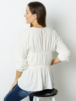 Whitegold Solid Ruffles V-neck Long Sleeve Blouse