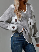 Floral Printed V-neck Long Sleeve Casual Sweater