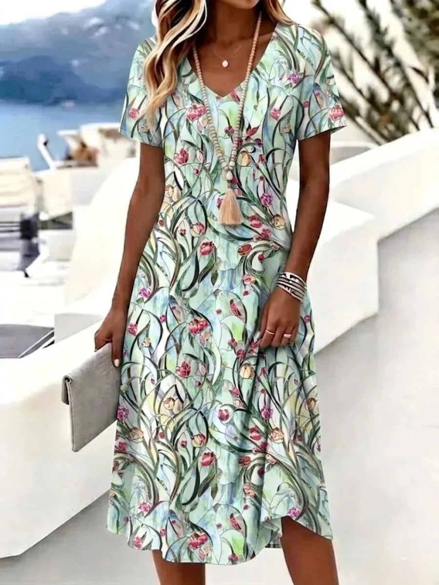 Casual Floral Print V Neck Short Sleeve A-Line Dress