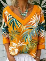 Casual Leaf Print V Neck Long Sleeve T-shirt