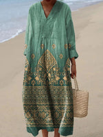 Elegant Green Print V-Neck Long Sleeve Maxi Dress