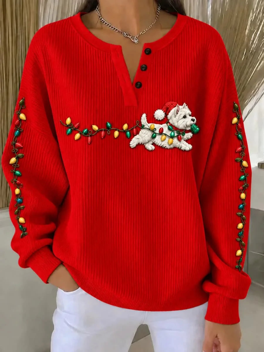 Casual Christmas Henley Collar Long Sleeve Sweatshirt