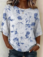Vintage Blue Rose Print Flare 3/4 Sleeve Round Neck Top