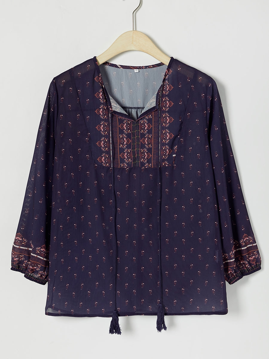 Casual V-neck 3/4 Sleeve Boho Border Print Blouse