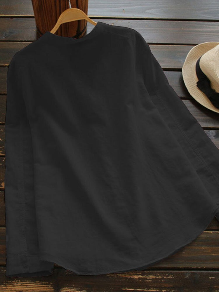 Solid Pocket Long Sleeve Button Stand Collar Blouse