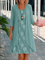 Green Lace Print Dress with Chiffon Cardigan
