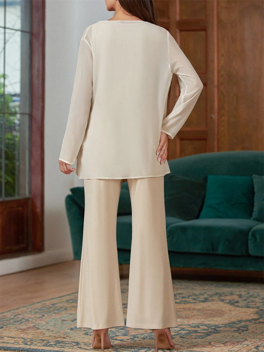 Elegant Loose V Neck Long Sleeve Chiffon Outfit