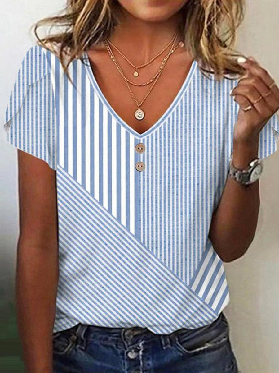 Blue Casual Striped V Neck Blouse