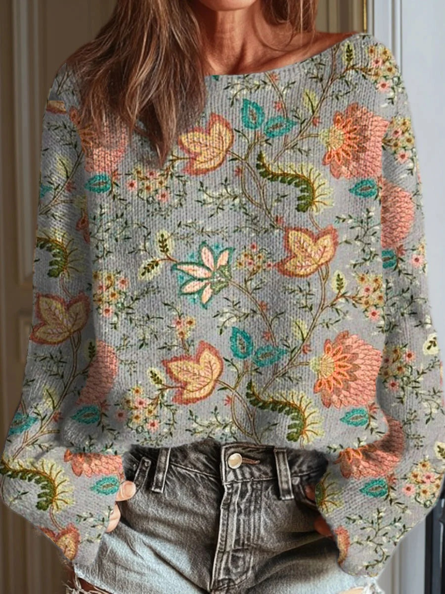 Women's Vintage Flower Art Print Casual Round Neck Long Sleeve Pullover Sweater