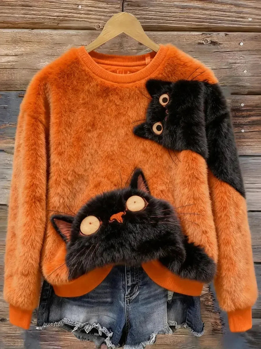 Women's Funny Cats Pattern Art Print Casual Round Neck Velvet Sweatshirt