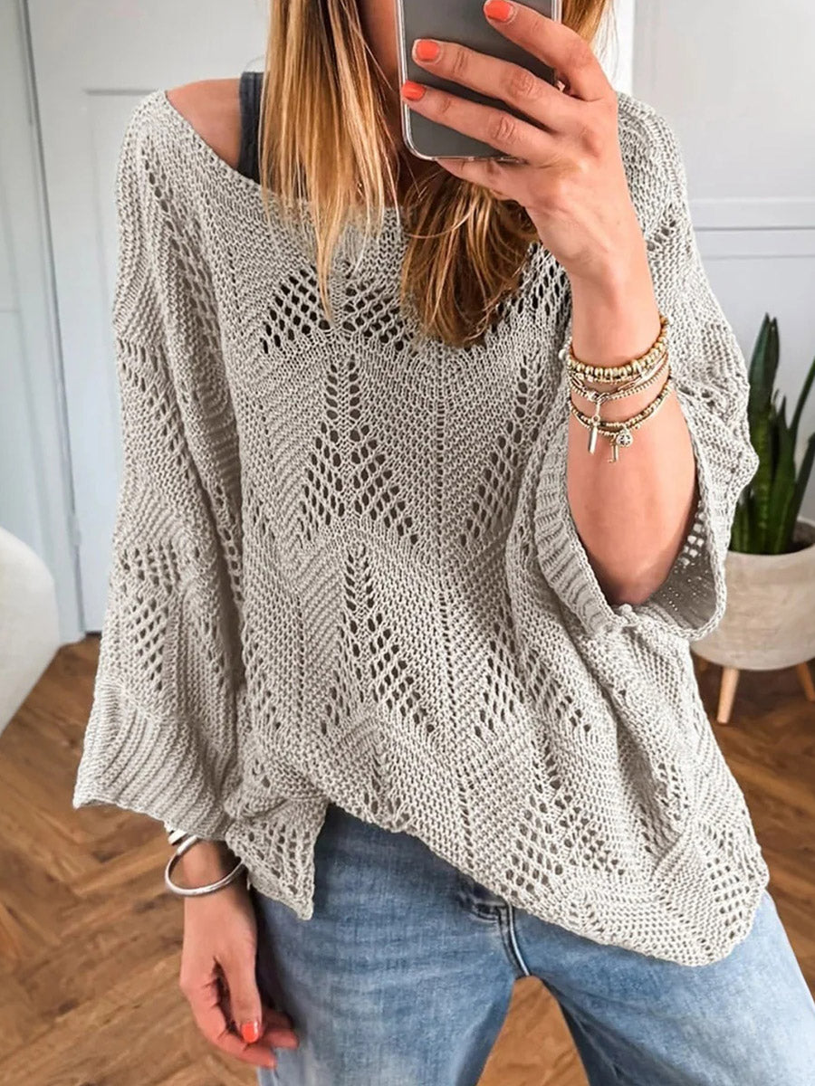 Grey Boat Neck Long Sleeve Plain Sweater