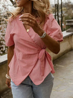 Pink Gingham Wrap Tie Puff Short Sleeve Blouse