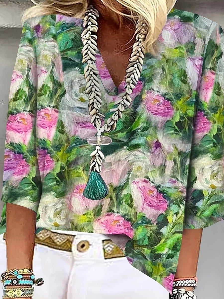 Stylish Floral Print V-Neck 3/4 Sleeve Top