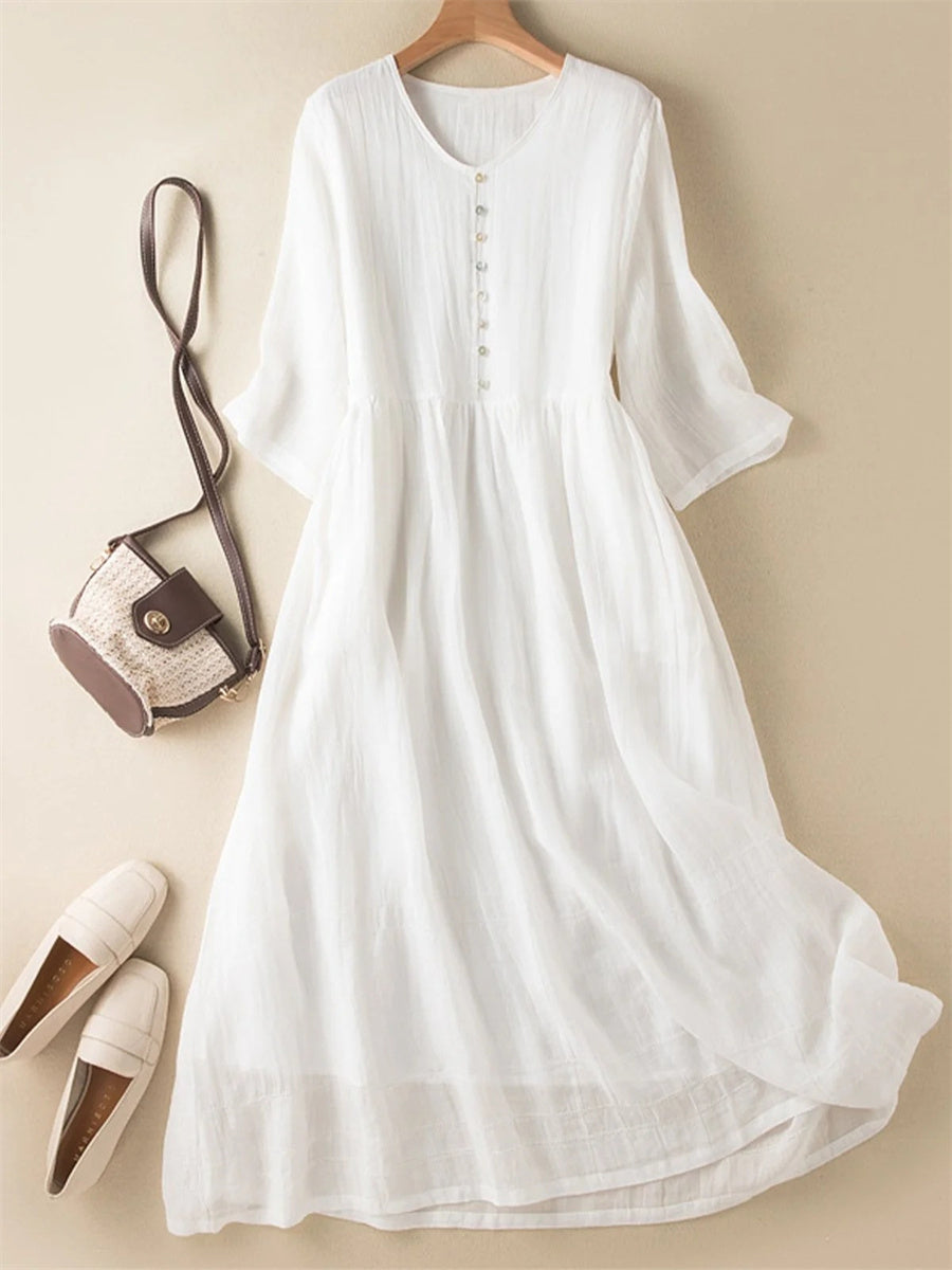 Women's Literary Retro V-neck Solid Color Half sleeve White Dress