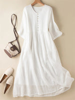 Women's Literary Retro V-neck Solid Color Half sleeve White Dress