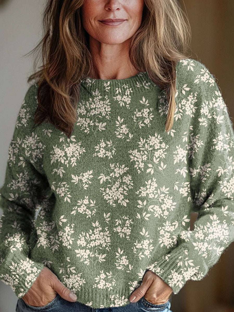 Women's Vintage Floral Art Print Round Neck Long Sleeve Pullover Sweater