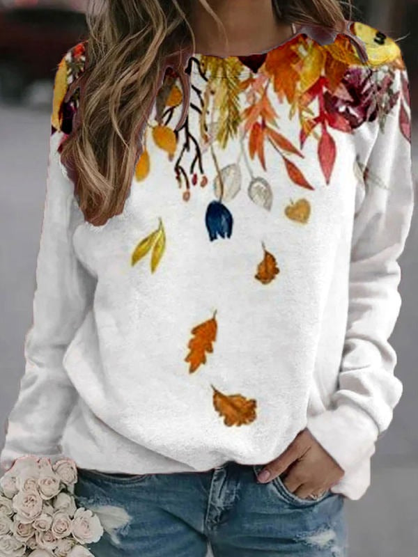 Casual Round Neck Long Sleeve Leaves Print Sweatshirt