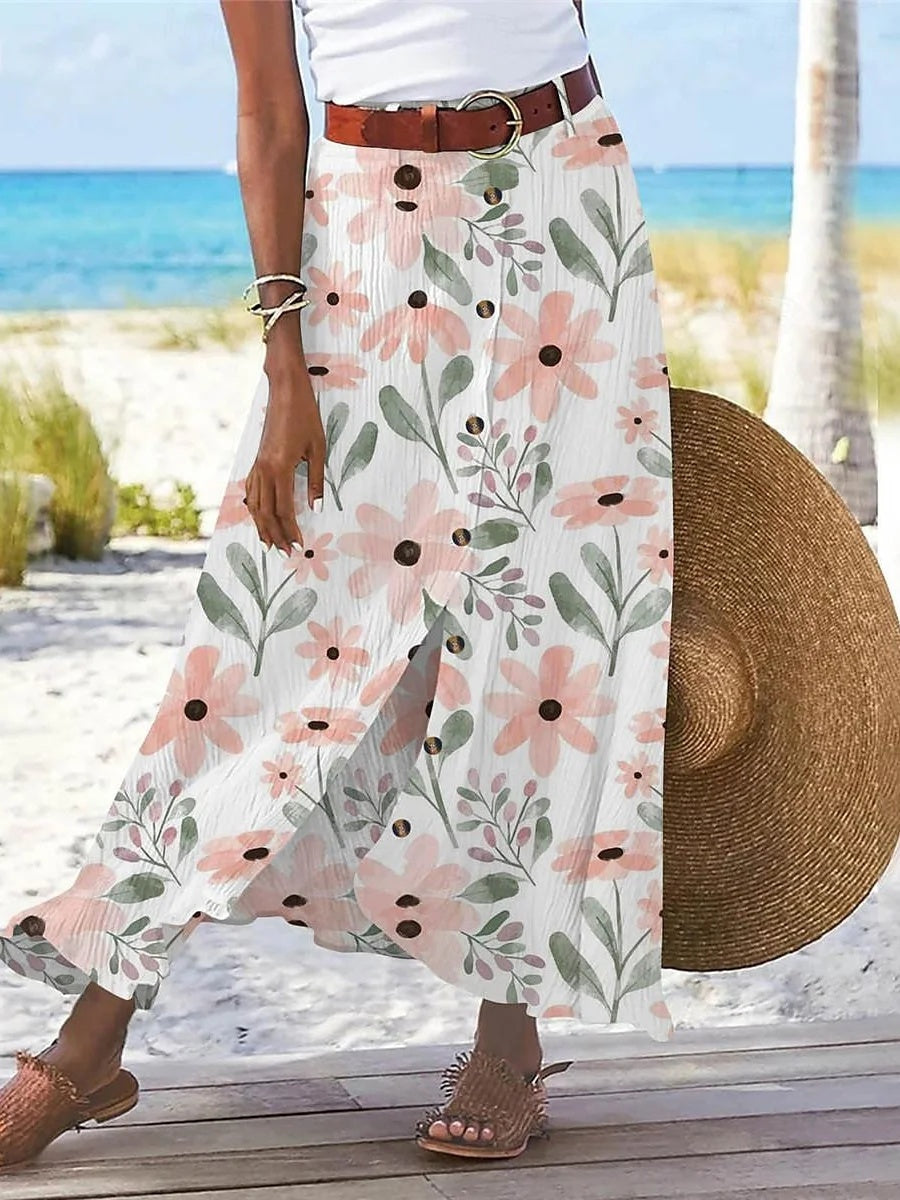 Women's Floral Printed Graphic Straight Fashion Split Button Maxi High Waist Skirt