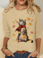 Cat And Leaves Print Crew Neck Long Sleeve Blouse