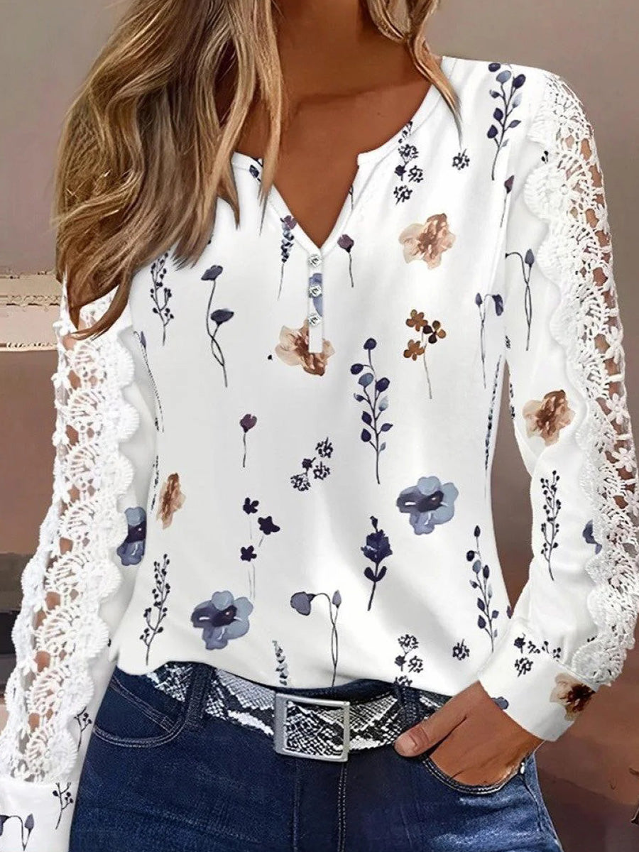 Elegant Plant Print V-Neck Long Sleeve Top