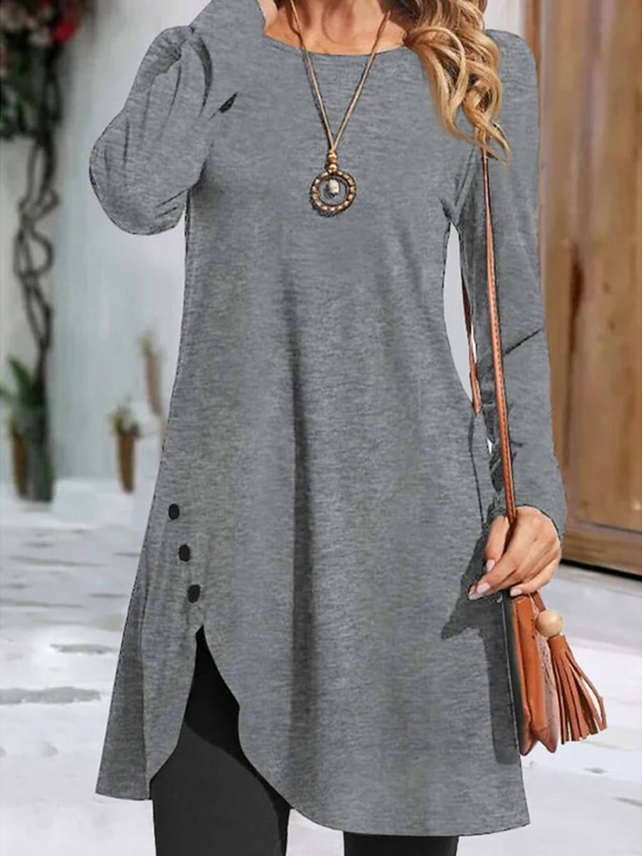 Crew Neck Long Sleeve Plain Button Mini Dress