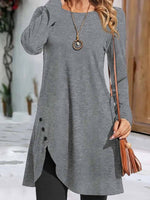 Crew Neck Long Sleeve Plain Button Mini Dress